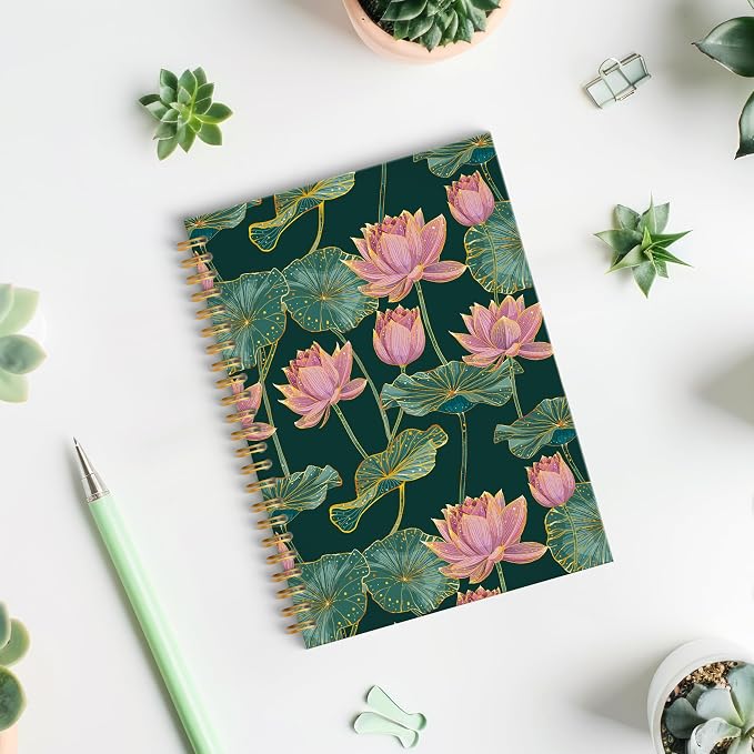Pink Lotus Flower Spiral Notebook, Dark Green and Gold Lotus Leaves Floral Journal, Vintage Luxury Water Lily Nature Botanical Hardcover Notebook Journal, 5.5x8.3 Inch