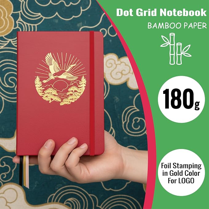 BUKE Dotted Notebook Journal 180GSM Bamboo Thick White Paper 160 Pages 5 * 5MM Dot Grid, Lay Flat Binding,Colored Silver Edges, Bookmarks and Expandable Back Pocket (BKP-6)
