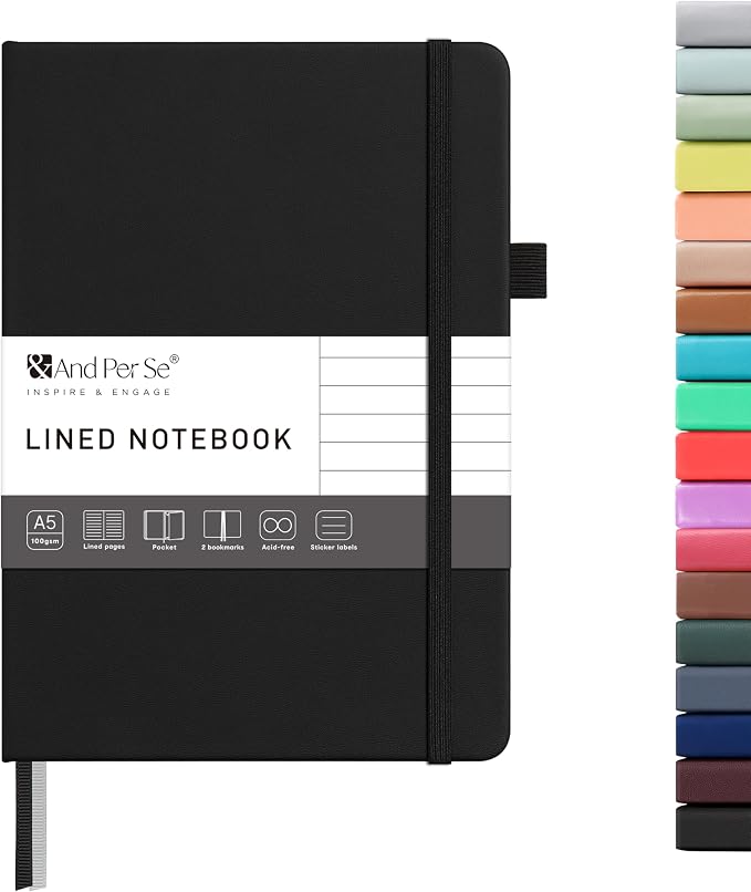 &And Per Se Lined Journal Notebook – A5 Hardcover, 160 Pages 100gsm Thick Paper, College Ruled for Writing - 5.7”x8” (Black)