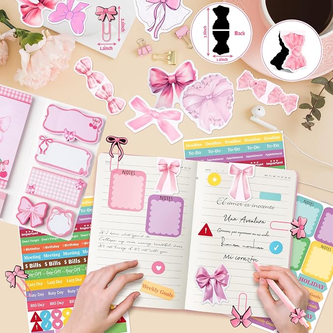 Xqumoi Coquette Pink Bow Stationery Gift Set - Sticky Note A5 Hardcover Ruled Journal Notebook with Planner Sticker Magnet Bookmark Paper Clip Gel Ballpoint Pen for Birthday School Office Supplies