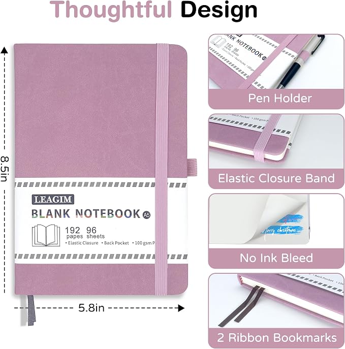 Blank Journal Notebook, A5, 192 Pages 100 GSM Thick Sketch Book for Women Men, Hardcover Leather Unlined Journaling for Work, Notebooks for Writing, 5.8 inches x 8.5 inches (Pink)