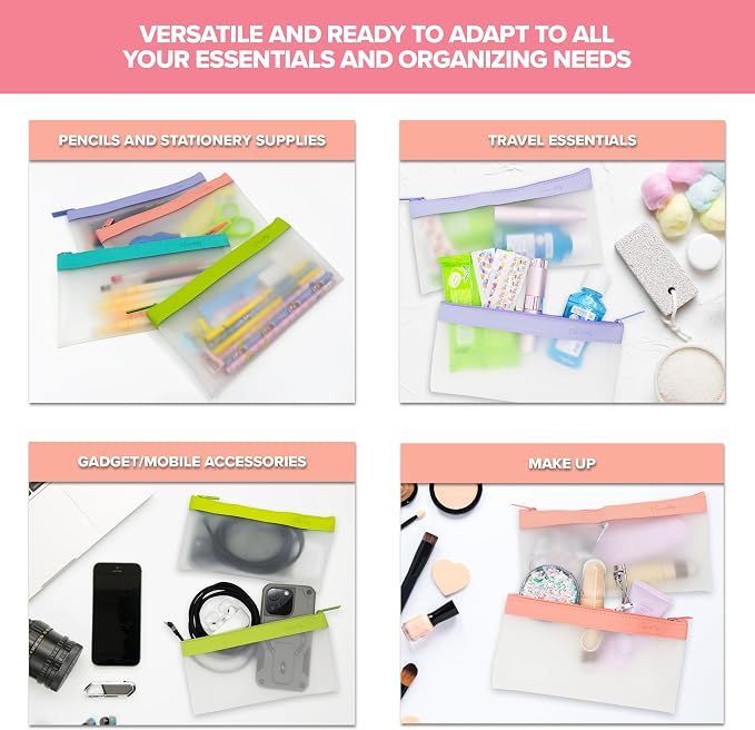 Decorably 4 Pack Clear Pencil Pouches with Zipper, 8.5x4.25in TPU | See-Through Pencil Case & Pen Bag in 4 Colors for School Supplies, Cosmetics, Makeup & Travel - Pouch for Girls & Teens