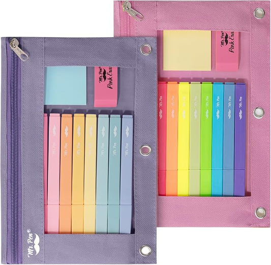 Mr. Pen- Pencil Pouch for 3 Ring Binder, 2 Pack, 10"x6.75", Smooth Zipper | Clear Window, Large Capacity Pencil Case with 3 Reinforced Grommets for School, Office, Supplies Storage | Clear Window, Large Capacity Pencil Case with 3 Reinforced Grommets f...