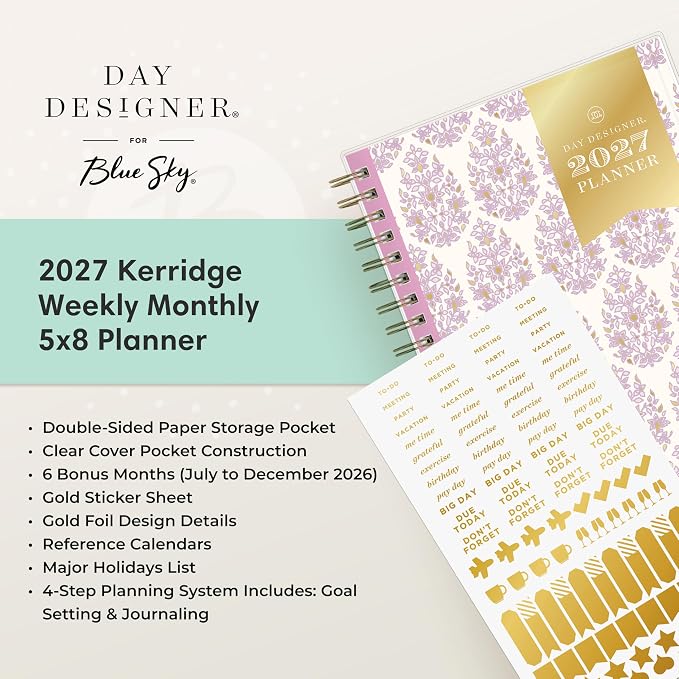 Blue Sky Day Designer 2027 Weekly & Monthly Planner, 5"x8", Kerridge Lilac | January 2027 - December 2027, Clear Pocket Cover, Durable Twin Wire Binding, Storage Pocket, Stickers
