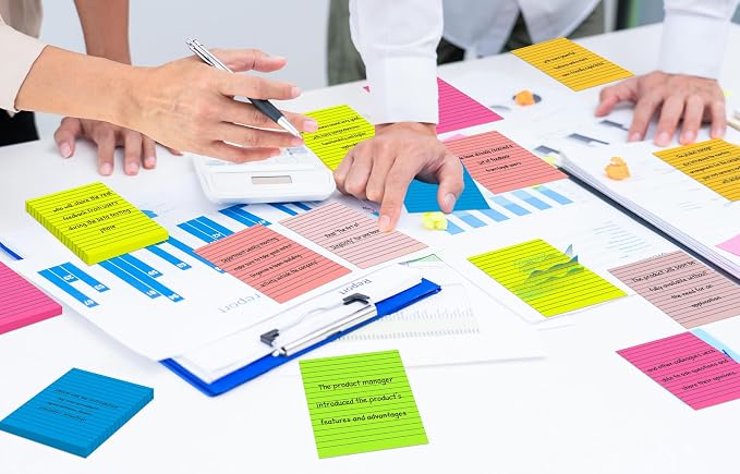 Lined Sticky Notes 4 x 6 Inches, 15 Pads, 375 Sheets Total, 7 Bright Colors, Self-Stick Note Pads with Strong Adhesive, Large Rectangular Sticky Notes for Office, Home, School & Meetings