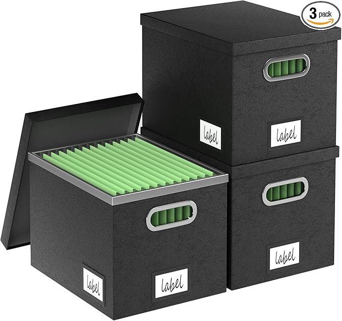 File Organizer Box File Boxes for Hanging Files with Lid Set of 3 Decorative Hanging Folders Letter Size Organizer with One-Piece Plastic Frame Slides (13.2 * 10.1 * 10.1in(3Pack), Black)