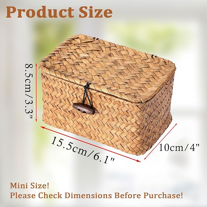Small Decorative Box Natural Seagrass Box with Lid Small Basket for Organizing Keys Wicker Shelf Baskets for Bathroom Living Room,6.1"L x 4"W x 3.3"H