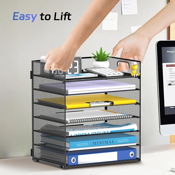 7 Tier Paper Organizer for Desk with Letter Trays & Handle Black | Black Desk File Organizer with Handle for Sorting Papers, Files, Folders, Mail, Bills and Office Supplies