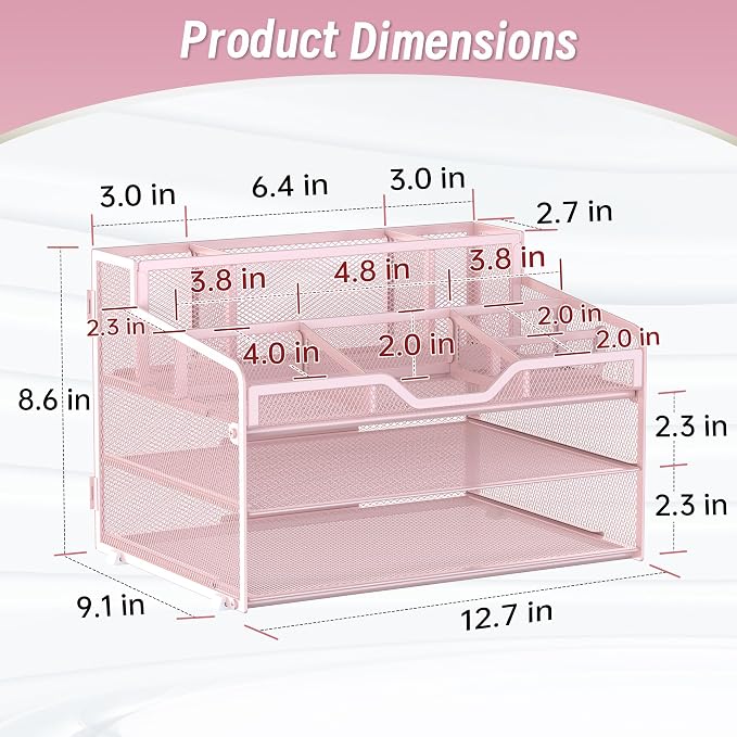 3 Tier Mesh Desk Organizer,Multi Functional Letter Paper Tray with 3 Pen Holders and 5 Adjustable Storage Compartments for Office Supplies Files and Mail Space Saving Desktop Organizer-Pink
