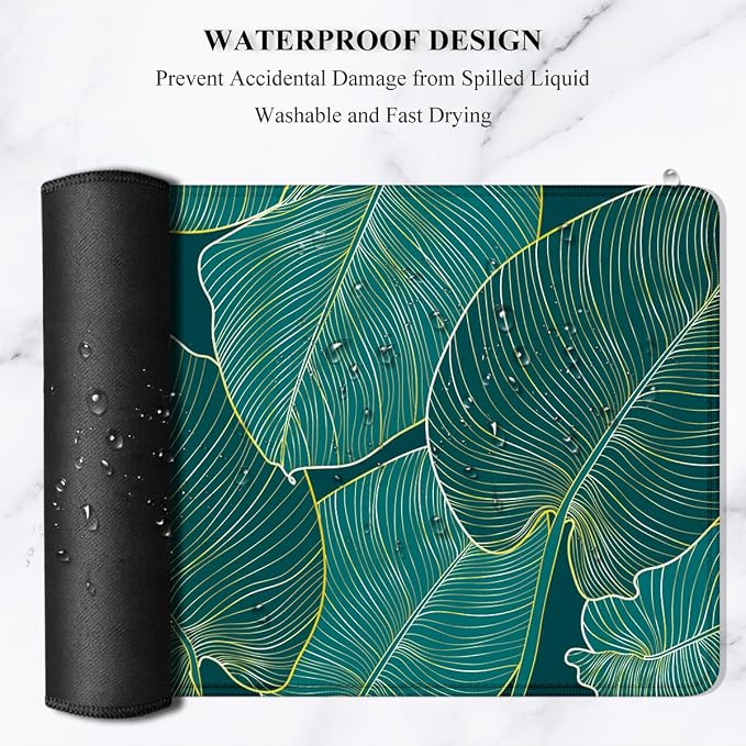 Auhoahsil Desk Pad, XL Extended Large Gaming Mouse Pad 31.5 x 11.8 Inch, Waterproof Mousepad with Stitched Edge, Non-Slip Computer Keyboard Laptop Mat for Women Men Office Work, Teal Tropical Leaves