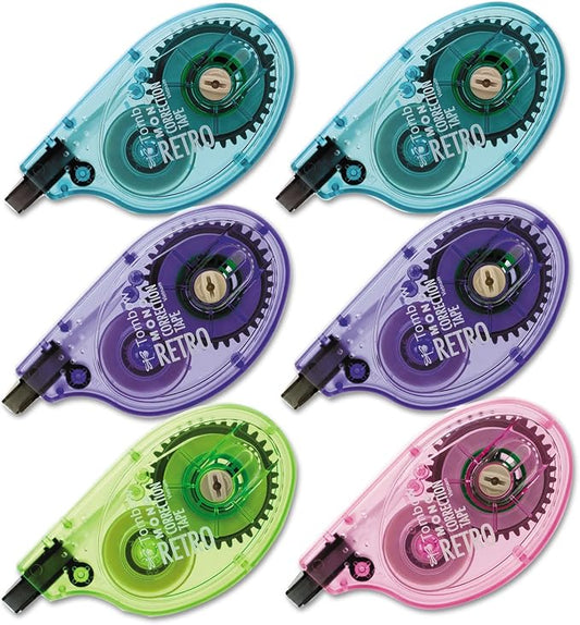 Tombow Mono Original Correction Tape, Assortedt RetroColor Applicators, 0.17" x 394", 6/Box