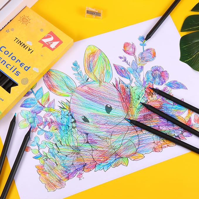 Art Supplies for Kids, 7 Color Black Wooden Rainbow Colored Pencils, Pre-sharpened, Multicolored Core, with Sharpener, for Coloring Books, Drawing, Sketching, 24pcs