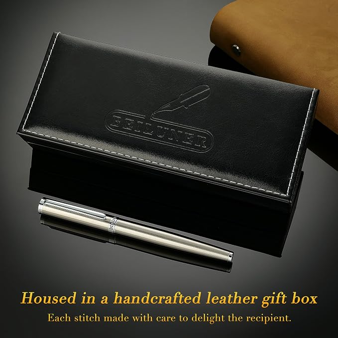 BEILUNER Luxury Fountain Pen Set, Solid 24K Gilded Medium Nib, Silver Stainless Steel Body- Includes 6 Ink Cartridges & Ink Refill Converter with Gift Case - Nice pen for Men and Women
