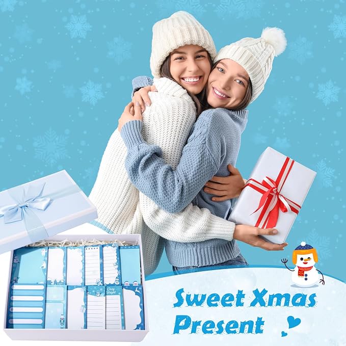 Chiisong 12 Pcs Christmas Sticky Notes Christmas Design Self Adhesive Note Pads Winter Snowflake Sticky Memo Blue Cartoon Snowman Penguin Notepad for Xmas Gift Office Home Supplies Present