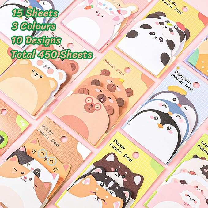 Cute Sticky Notes, 10 Pack 450 Sheets Cartoon Animal Sticky Notes Kawaii Mini Animals Shape Markers Flags Self-Stick Memo Pads for Adult Home Office Roommates Gifts Tab Suppliess