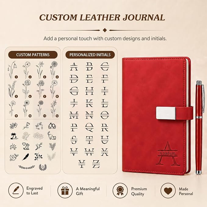 CRME Personalized Leather Journal with Pen and Gift Box, Personalized A5 Hardcover Notebook with Custom Name,Lined Leather Journal for Writing Business Travel,Red