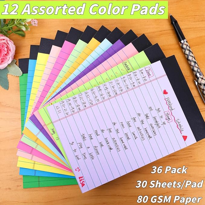 Oleitodh 36 Pack Legal Pads 8.5 x 11 Wide Ruled Colored Note Pads | 30 Sheets Per Pad, Micro-Perforated, 80 GSM Paper, Smooth Writing, School, Office, Home, Meetings, Note Taking