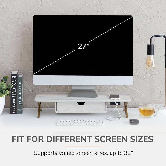Anji Mountain Monitor Stand - Desktop Organizer & Laptop Riser, Ergonomic Monitor Riser, Space-Saving Monitor Stand for Desk, Durable Construction, Easy Assembly, Ideal for Home & Office,White Wash