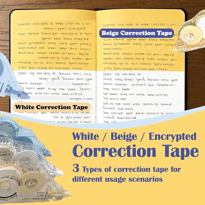 CHANGLi White Correction Tape, Yellow Correction Tape, Secure Correction Tapes, 65FT, 90° Rotating Tip, Tear-Resistant Tape for Office, School Supplies, Includes Storage Pouch