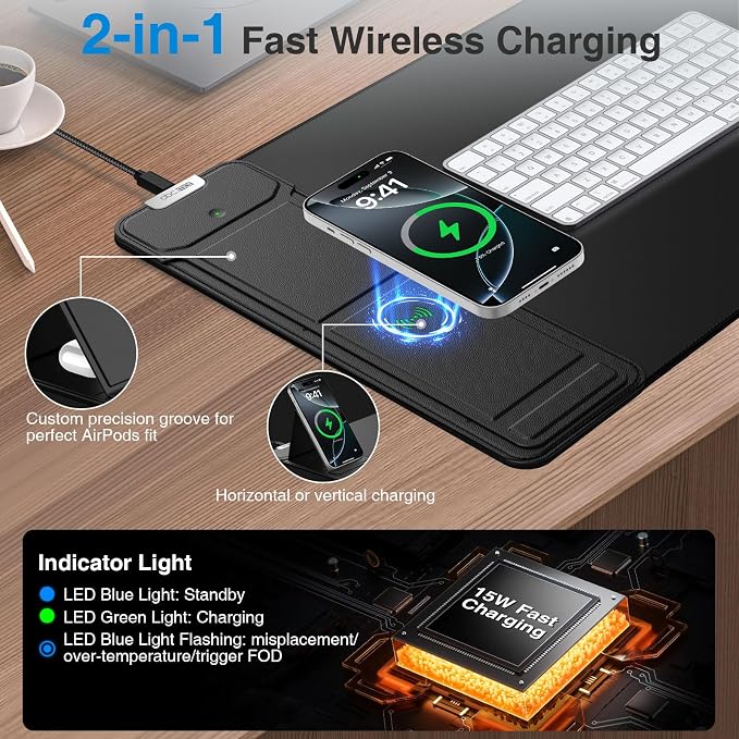Mouse Pad with Wireless Charging & Foldable Phone Holder, Black | 27.5"x11.8 Desk Protector with Stitched Edges, Non-Slip Base, Laptop Desk Mat, Waterproof Writing Pad for Office & Home