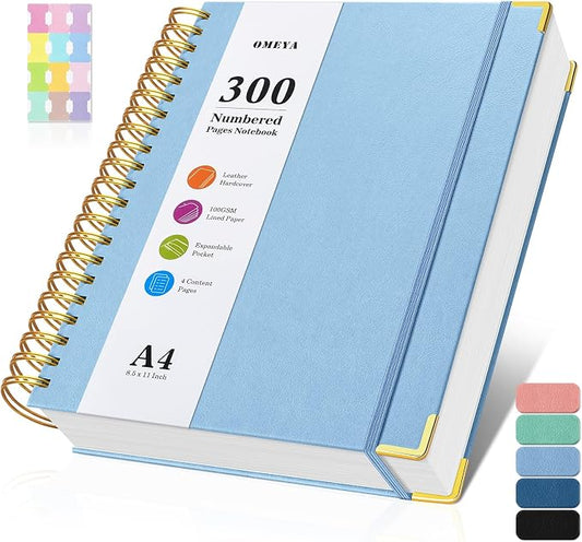 Spiral Notebook 8.5" x 11",300 Numbered Pages Lined Notebooks College Ruled | Hardcover Leather Journal for Women Men, 100GSM Thick Journals for Writing with Tabs,Super Large A4 Notebooks for Work School