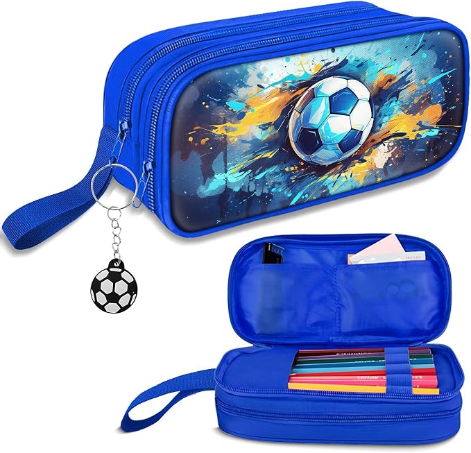 TILYTADLY Large Pencil Case for Boys - Soccer Boys Pencil Pouch with Zipper Compartments - Big Capacity Pen Box Pen Bag Organizer with Keychain for Kids Teens School