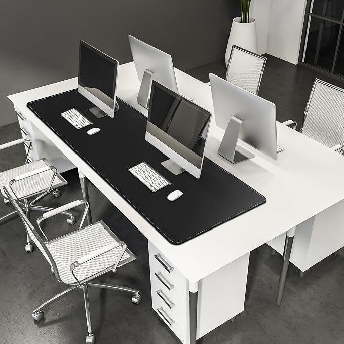 CENNBIE Leather Desk Mat Large, 63" x 19.6" Desk Pad Protector(Black) | Premium stitched edges resist wear. Easy to clean. Protects desk from spills, stains ,scratches. Smooth glide. Office & home.