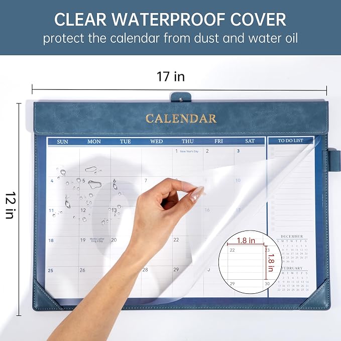 Yoment Desk Calendar 2026-2027 with Desktop Mat, Large Desk Pad Calendar from Now to December 2027, 18 Months Leather Desktop Wall Calendar with Plastic Cover for Home Office School,17x 12,Blue