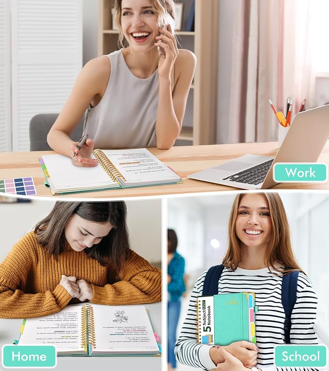 Hardcover Spiral Notebook Journal 8.5" x 11" Leather 5 Subject Notebook with Removable Dividers Tabs, 300 Pages Organizer Notebooks for Work School, College Ruled, Large Lined Journal for Women,Aqure