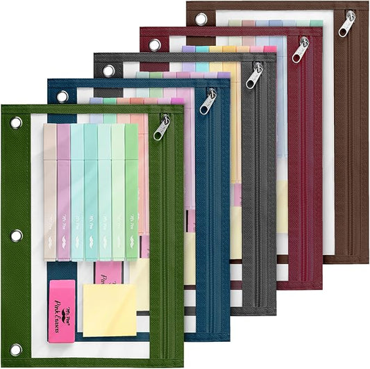 Mr. Pen- Pencil Pouch for 3 Ring Binder, 5 Pack, 10"x7", Smooth Zipper | Clear Window, Large Capacity Pencil Case with 3 Reinforced Grommets for School, Office, Supplies Storage | Clear Window, Large Capacity Pencil Case with 3 Reinforced Grommets for ...