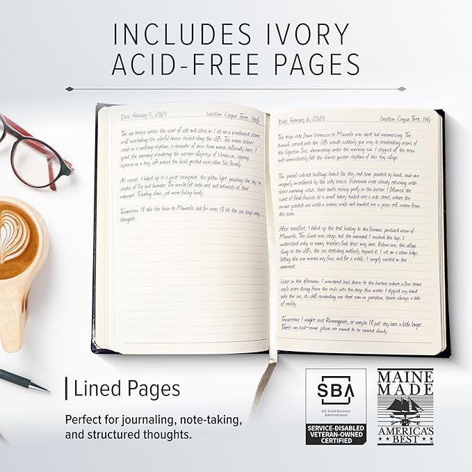 Gallery Leather Journal - Crafted in Maine, USA - Elegant Leather Writing Notebook with 192 Lined Pages - A Timeless Space for Your Thoughts - Acadia Navy - Air Force, 8x5.5, Desk Lined