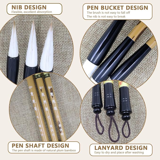 Huakaile 3 Sizes Chinese Calligraphy Brush Set, Chinese Writing Brushes, Painting Brushes with Bamboo Pen Holder, Traditional Art Sumi Brush (Large, Medium, Small Size)