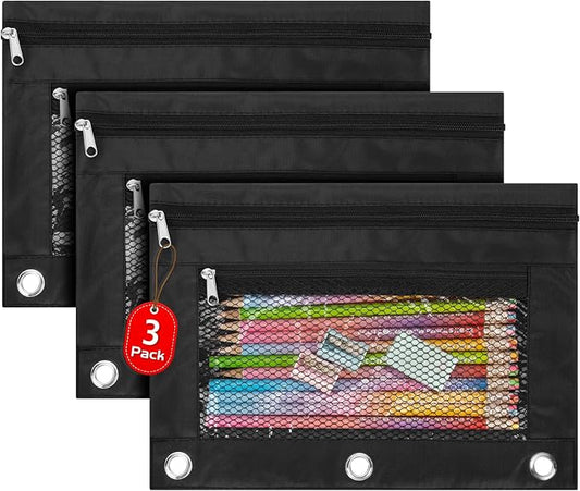 IKAYAS 3 Pack Pencil Pouch for 3 Ring Binder with Zipper, Pencil Pouch Bags for Classroom, Black