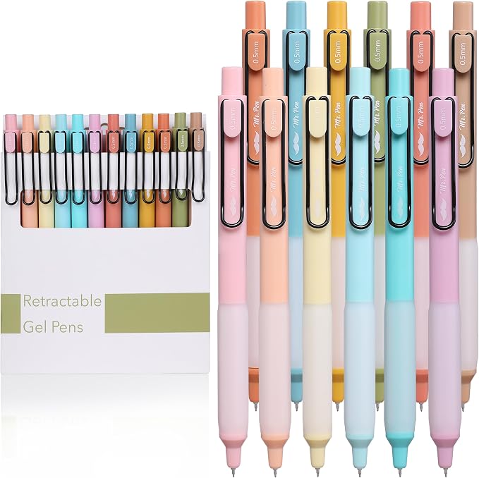 Mr. Pen- Retractable Gel Pens, 12 Pack, Black Ink, Pastel Barrels | Fine Point 0.5 mm, Fast Dry, Smooth Writing, Cute Pens for Drawing, Writing Planner and School Supplies