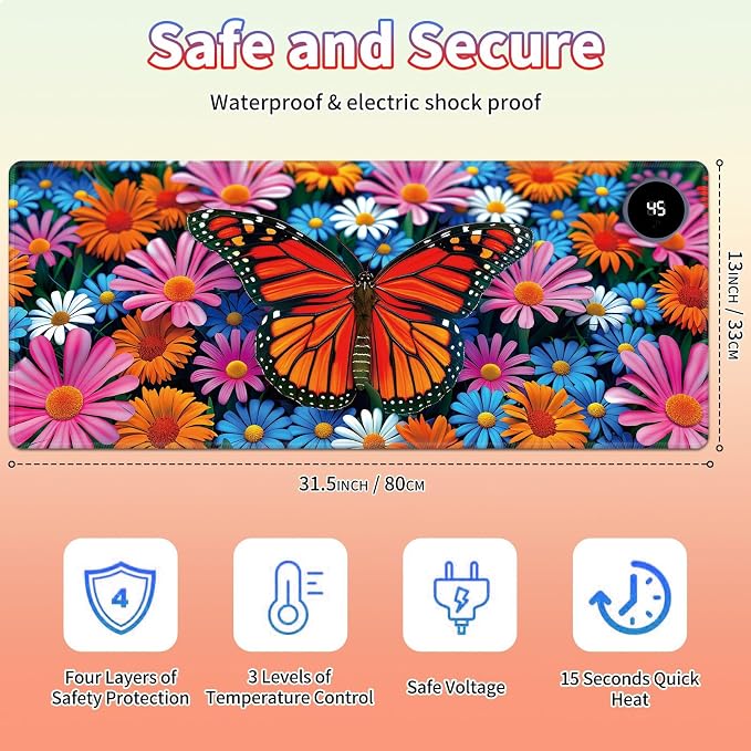 Heated Desk Pad Large Mouse Pad 31.5 x 13 inch with 3 Levels Heating & Auto Shut-Off Warm Mouse pad PU Leather Computer Mousepad for Home Office Work - Colorful Flowers and Butterflies