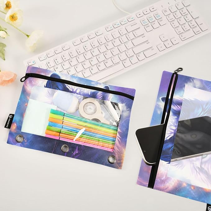 Space Wolf Binder Pouches 3 Ring for Boys Girls School Office College Supplies Moon Planet Galaxy Dog Pencil Pouches Case Bag with Clear Window and Zipper 2 Pack