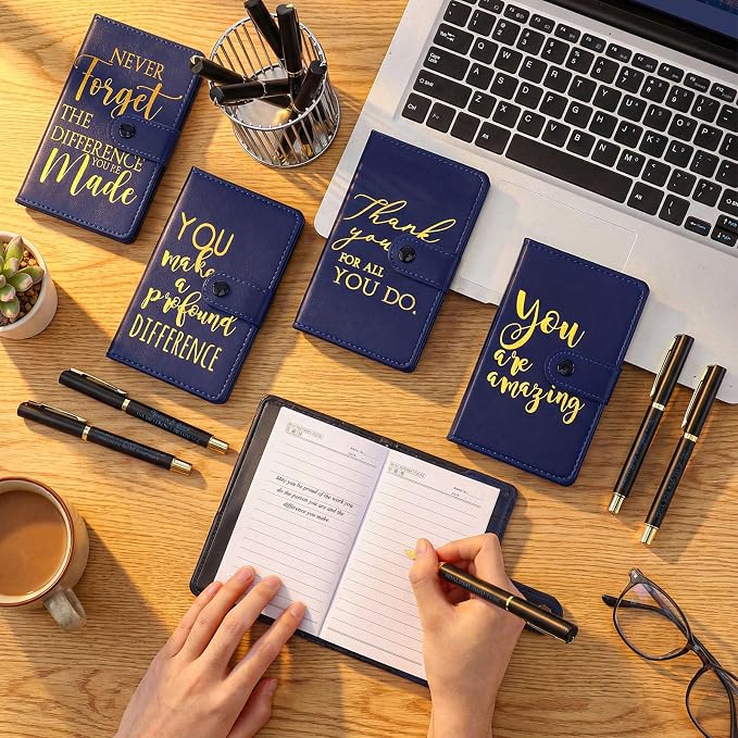 Dispowreath 10 Sets Thank You Leather Journal Notebook with Appreciation Ballpoint Pen Employee Gift for Teacher Nurse Coworker Team Office Staff Vet Tech Housekeeper (Navy Blue,Appreciation Sign)