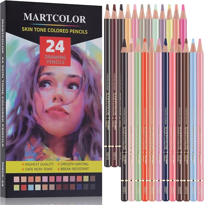 MARTCOLOR Skin Tone Colored Pencils for Portraits and Skintone, 24 Colors | Oil Color Pencils for Drawing, Sketching, Adult Coloring, Shading & Blending, Artist Pencils for Beginners, Artists
