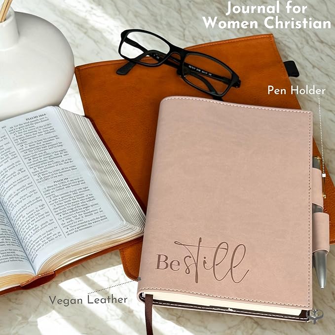 SETTINI® Refillable Vegan Leather Journal with Pen, Be Still Pink | refillable insert system, luxury pen, 192 pages, vegan leather, A5, lined refill, faith gift