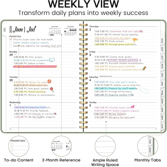Academic Planner 2026-2027, Weekly and Monthly Calendar Planner Book, July 2026 – June 2027, Hardcover Organizer with Tabs, Perfect for Teachers, Students, Women & Men, A5 (6.4" x 8.5") - Green