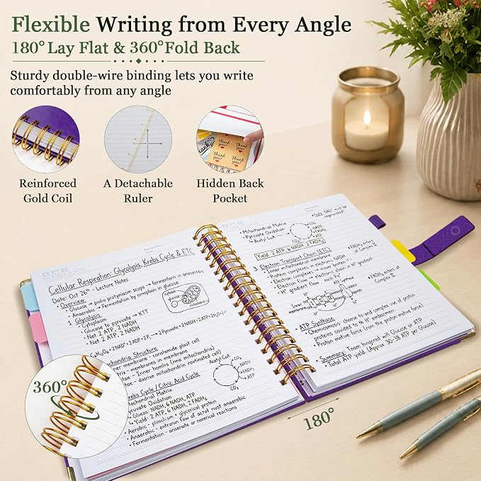 Hardcover Spiral Notebook 8''x 10'' College Ruled Notebook with Magnetic Closure, 300 Pages 5 Subject Notebooks with Pocket Dividers for Work School, B5 Leather Journal for Women, Men (Purple)