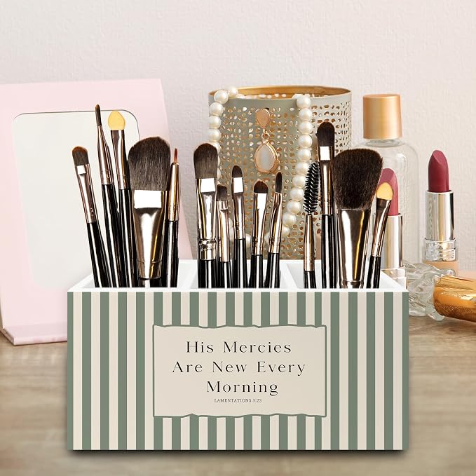 Sage Green Striped Christian Pen Pencil Holder Organizer for Desk, His Mercies Are New Every Morning Bible Verse Wooden Box Signs Decorations for Home Office Desk Tabletop, Christian Gifts