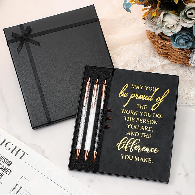 Resurhang 5 Pcs Employee Appreciation Gift Leather Journal Notebook 3 Ballpoint Pens with Box Thank You Back to School Gift for Teacher Boss Nurse Assistant Coworker Women(Black)