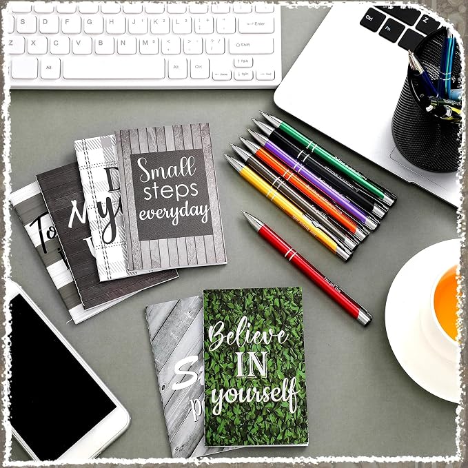 Geyee 24 Pcs Mini Motivational Pens Inspirational Notepads Bulk Appreciation Gifts Small Journals Funny Ballpoint Pen Set Prizes Men Women Office Travel Party Favors(Rustic)