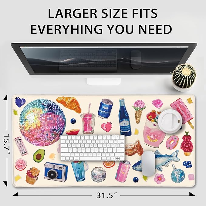 Watercolor Stickers Gaming Mouse Pad 31.5"x15.7" | XXL Desk Mat, Non-Slip Rubber Base, Stitched Edges, Extended Waterproof, PC/Laptop/Office/Home