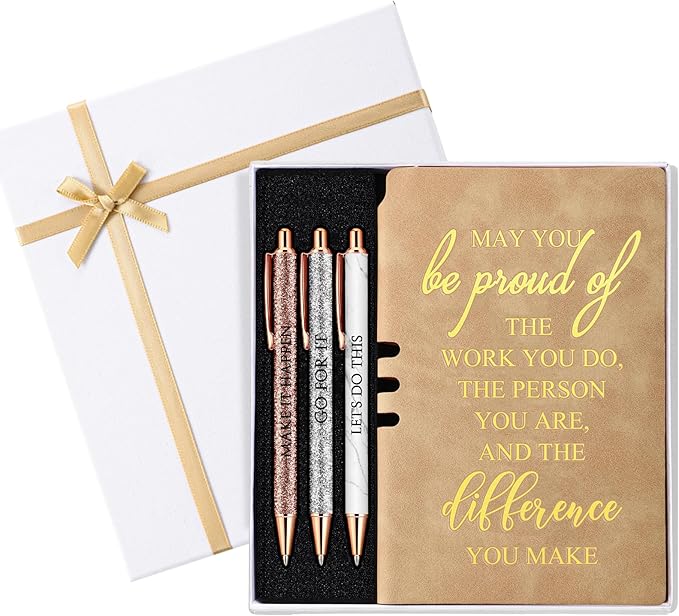 Resurhang 5 Pcs Employee Appreciation Gift Leather Journal Notebook 3 Ballpoint Pens with Box Back to School Thank You Gift for Nurse Volunteer Teacher Secretary Coworker Women(Khaki)