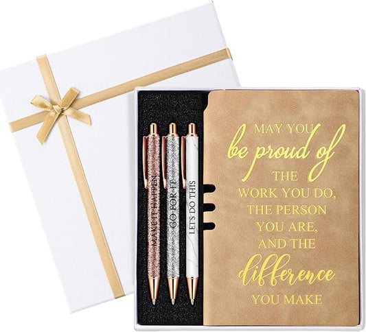 Resurhang 5 Pcs Employee Appreciation Gift Leather Journal Notebook 3 Ballpoint Pens with Box Back to School Thank You Gift for Nurse Volunteer Teacher Secretary Coworker Women(Khaki)