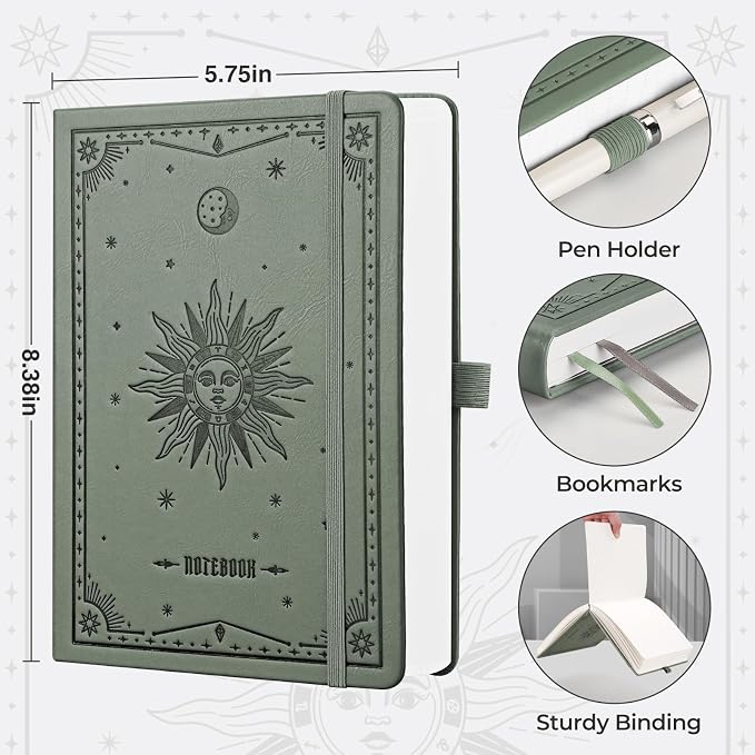 EMSHOI Graph Grid Journal Notebook, 320 Pages, A5 Size (5.7'' x 8.3'') | Leather Hardcover, 100 GSM Thick Paper, for School, Note Taking, Math, Engineering, Sun Debossed (Green)