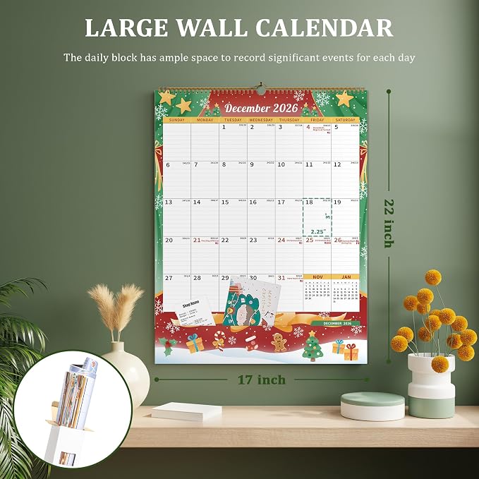 Ospelelf Wall Calendar 2026-2027 Monthly Large Planner Pad 17" X 22" with Storage Pockets Protective Cover and Stickers for Family Fridge Office Teacher Student Use July 2026 to December 2027 Season