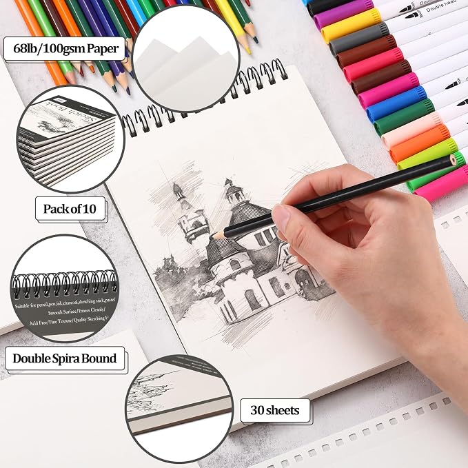 Jexine 60 Pcs 5.5'' x 8.5'' Top Spiral Bound Sketch Book 30 Sheet Each(68lb/100gsm), Sketching Drawing Pad Bulk Artist Sketch Pad Drawing Paper Art Sketchbook for Painting (Tree)